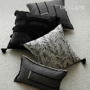 黑白流苏抱枕高端中古客厅靠垫沙发腰枕样板间靠枕 澜品现代新中式