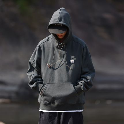 复古贴标宽松加绒卫衣日系秋冬男女款连帽长袖衣服学生帽衫外套
