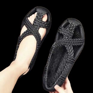 草鞋柔软透气露趾仿藤编红军镂空夏季大码包头凉鞋男女款洞洞鞋