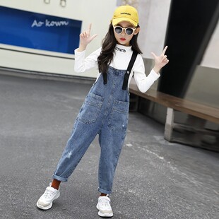 十岁女童背带裤秋冬宽松中童大童加绒连体牛仔裤小学生时尚休闲裤