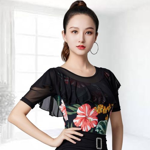 成人新款拉丁舞2024上衣女夏季跳舞蹈练功服中袖网纱荷叶边舞蹈服
