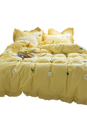 黄色水洗棉床上四件套网红款床单全棉纯棉公主风S夏季小清新少女