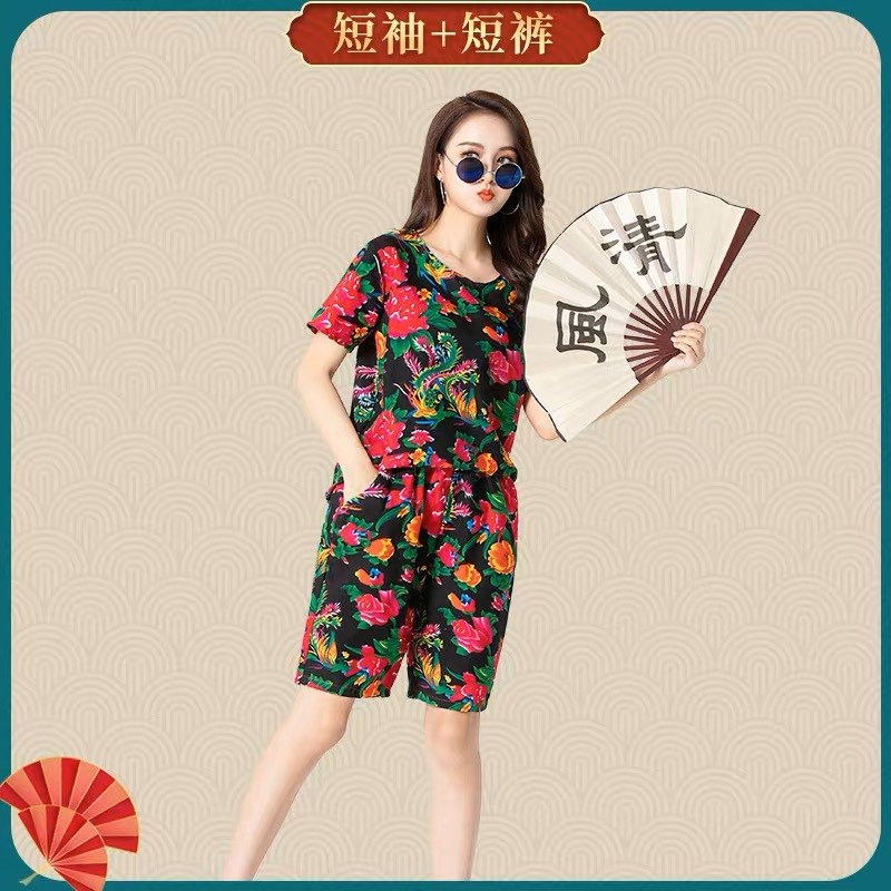 小众高货东北大花布衣服东北大花睡衣套装棉绸女款夏款家居时尚两
