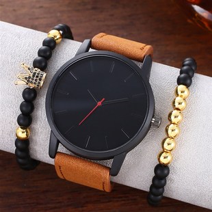 set 皇冠手链3pcs 男款 休闲b简约大表盘日历刻度磨砂皮带石英腕表