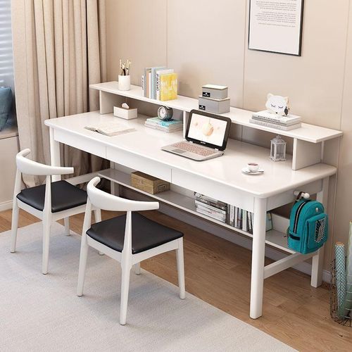 实木双人书桌带书架组合家用电脑桌带三抽屉工作台卧室学生学习桌