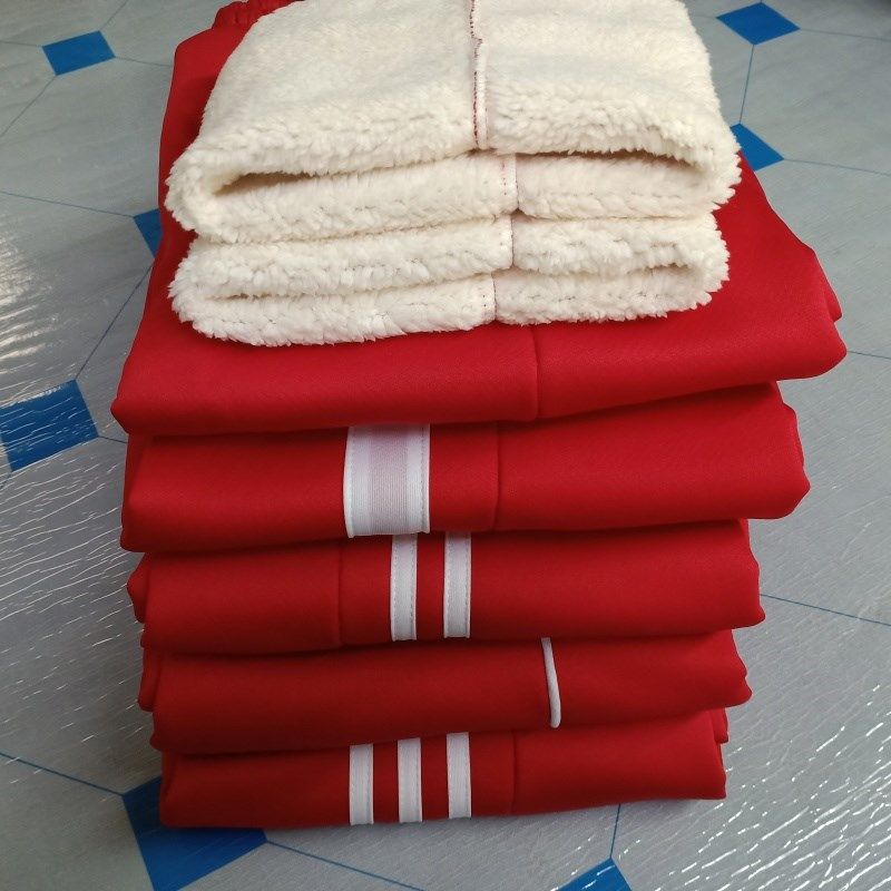 红色款加绒冬季男女高中小学生保暖长裤条杠白边直筒宽松加厚校裤