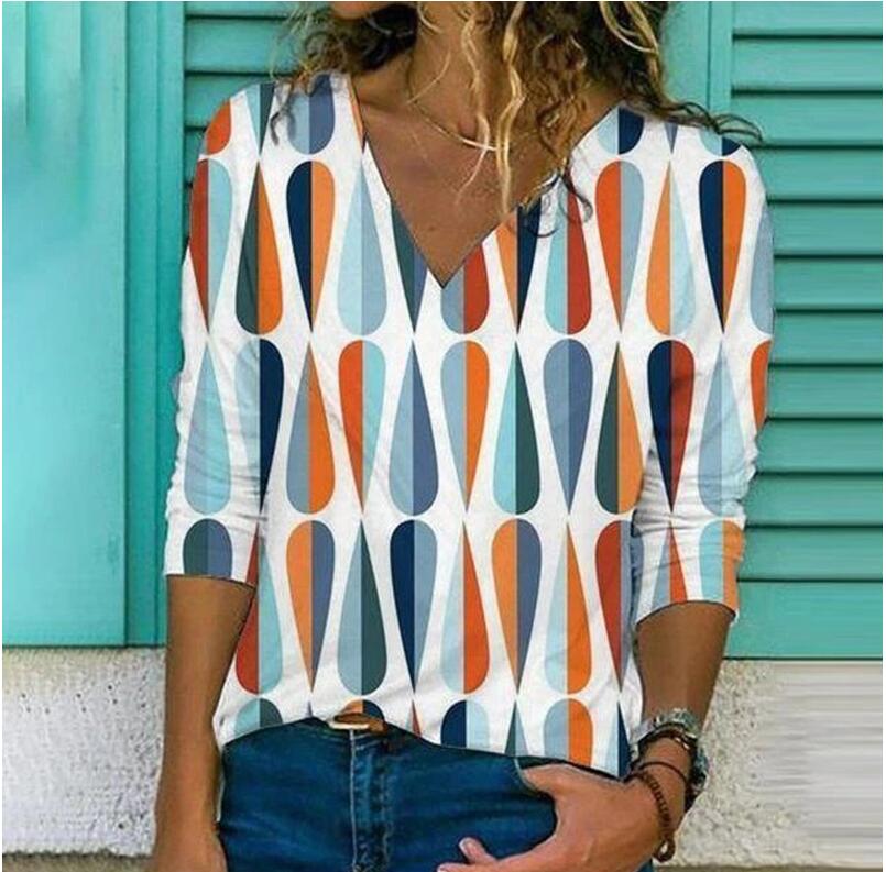 网红2021 Spring Diamond Color Print Blouse Shirt Women Elega