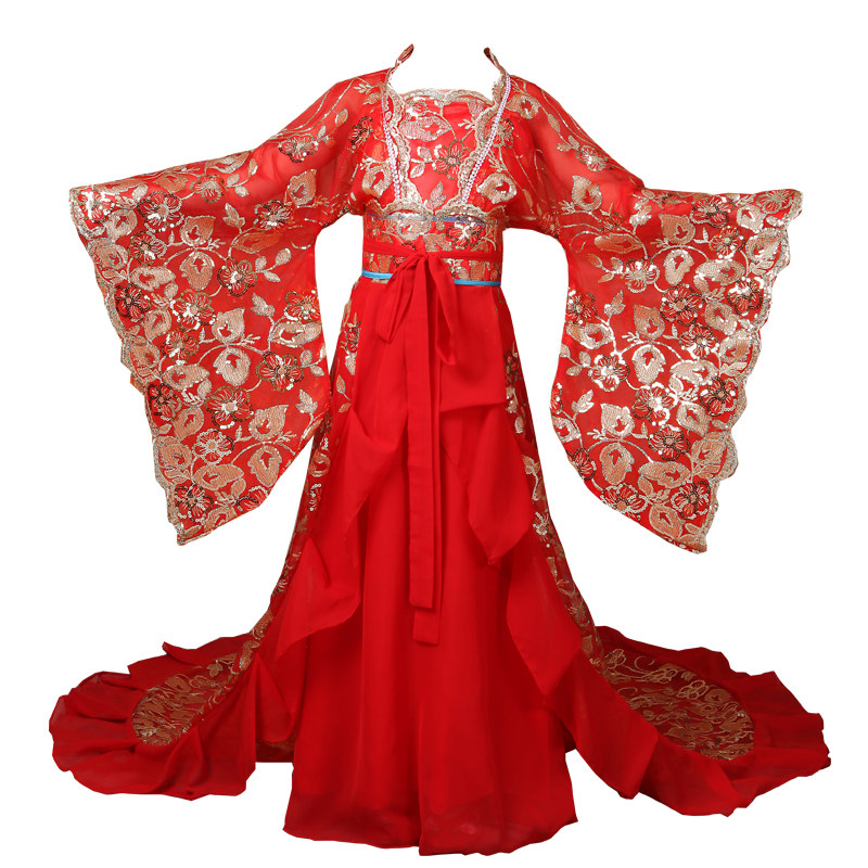 儿童贵妃皇后拖尾古装红色飘x逸女童汉服公主裙写真舞台古筝演出