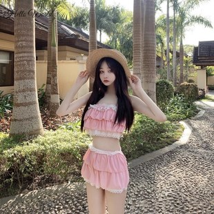 两 小个子甜美可爱粉色吊带背心带胸垫温泉泳装 新款 泳衣女夏季