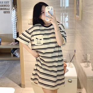 睡裙夏季 宽松女士春秋家居服 女短袖 条纹卡通可爱网红睡衣夏天薄款