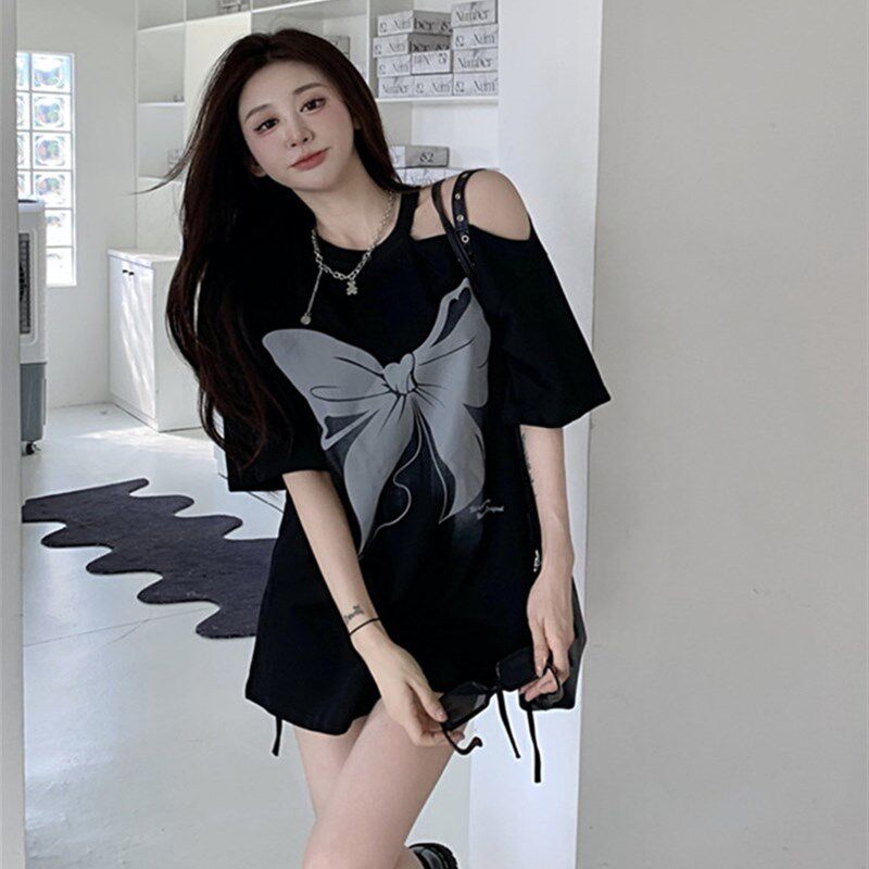 潮牌蝴蝶结印花短袖t恤女夏季设计感心机镂空露肩宽松中长款上衣