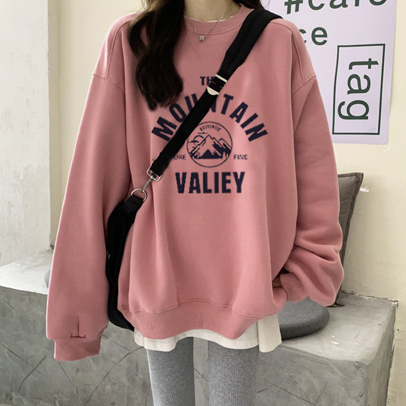 韩版2021假两件秋冬新款宽松卫衣女中长款上衣加绒外套设计感小众