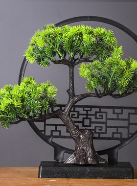 新中式迎客松仿真绿植盆景客厅酒柜家居玄关创意装饰禅意屏风摆件