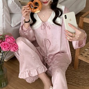 2025年新款 宫廷风两件套 睡衣女春秋季 冰丝缎面高级I感家居服套装