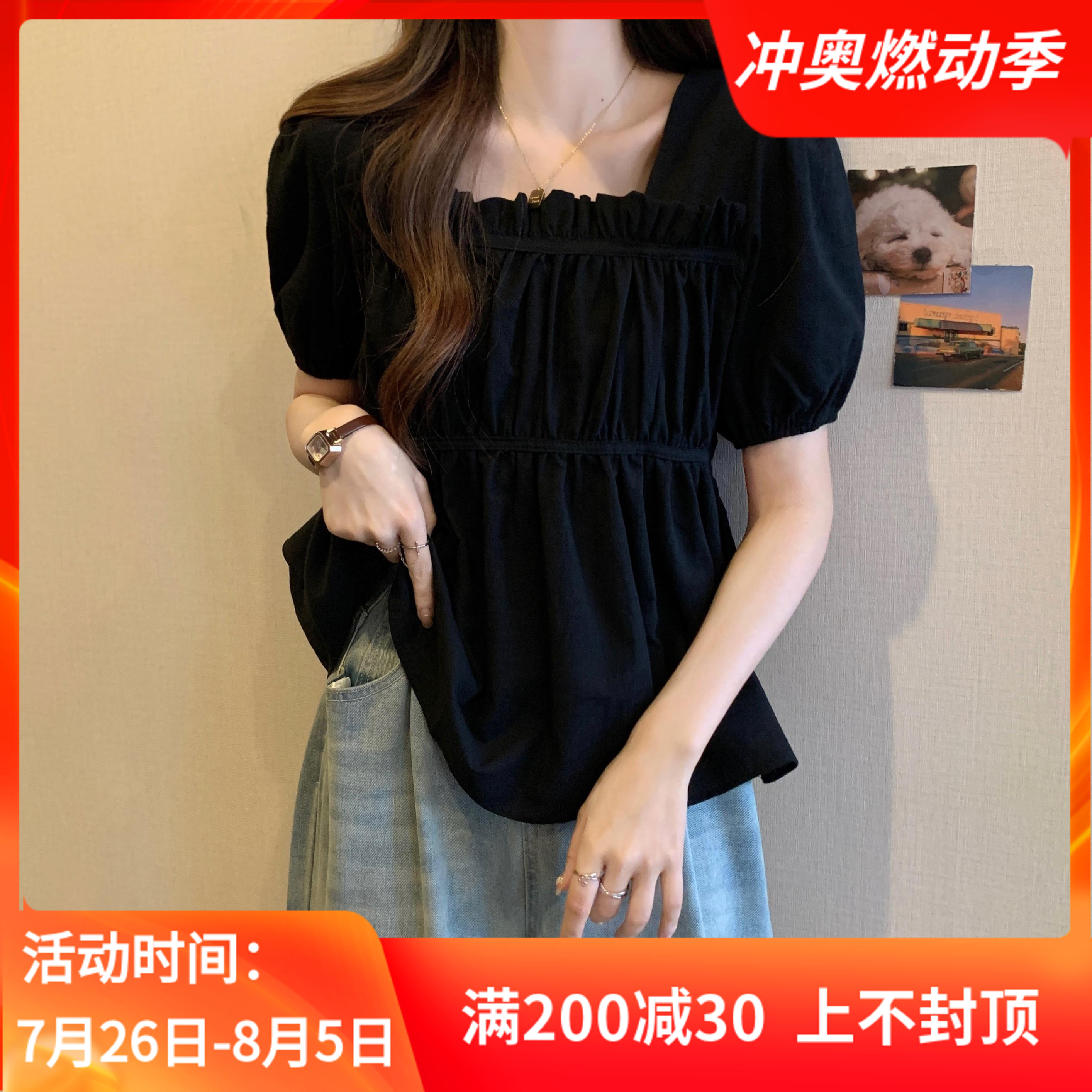 方领正肩泡泡袖收腰娃娃衫上衣女夏季大码胖妹妹法式洋气甜美衬衣