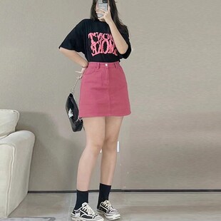 胖MM高腰遮胯显瘦松紧腰a字裙 300斤特大码 女装 牛仔短裙女夏季 薄款
