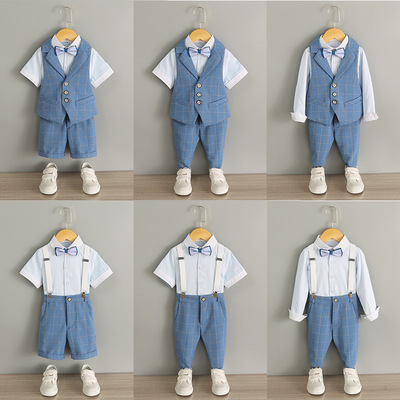 男童礼服套装f夏儿童夏季演出服钢琴演奏西装花童英伦风背带裤小