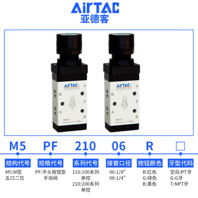 airtac亚德客机械阀M5PF110-06/210L-08R平头按钮型手动阀气动