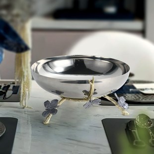 现代简约金属电镀银花瓶不锈钢托盘果盘摆件餐厅桌面样板房装饰品