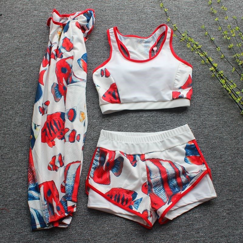 运动女生泳衣式三件套分体平角保守罩衫健身房游泳馆平胸游泳衣