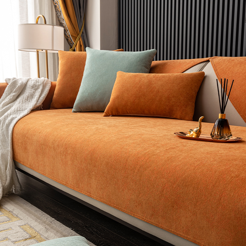 橙色轻奢风沙发垫高档四季通用防滑套罩真皮坐垫子简约现代盖布巾