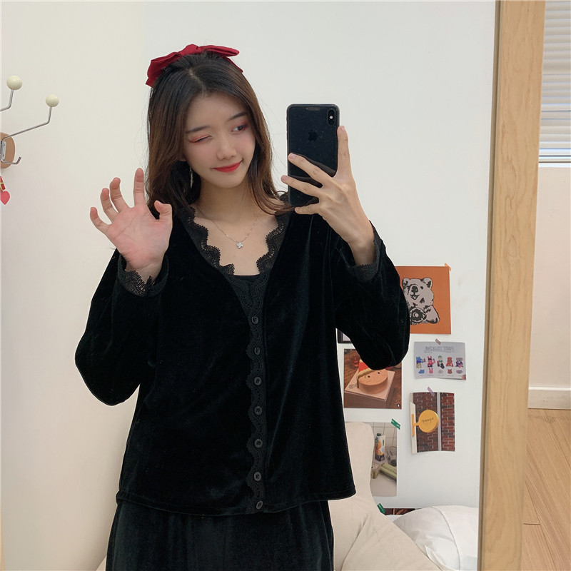 现货大码胖mm显瘦蕾丝花边睡衣女秋冬金丝绒套装两件套长袖休闲家