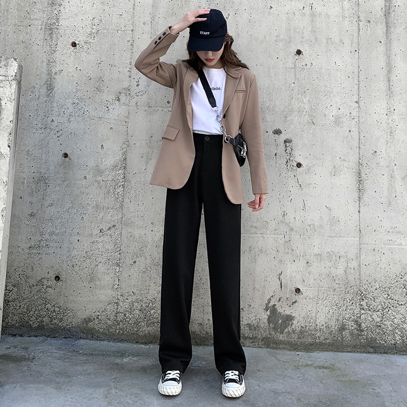高腰垂感阔腿裤女春夏薄款w宽松直筒显瘦休闲小个子黑色西装裤