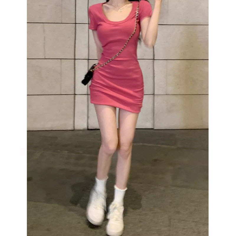 孕妇装春夏季连衣裙子2025新款紧身高弹显瘦夏季玫红色短款T恤裙