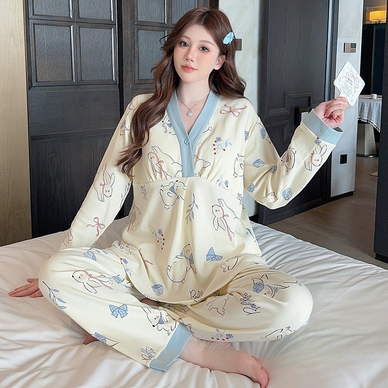 带胸垫月子服秋冬季产后纯棉哺乳期睡衣春秋款孕妇家居服加厚产妇