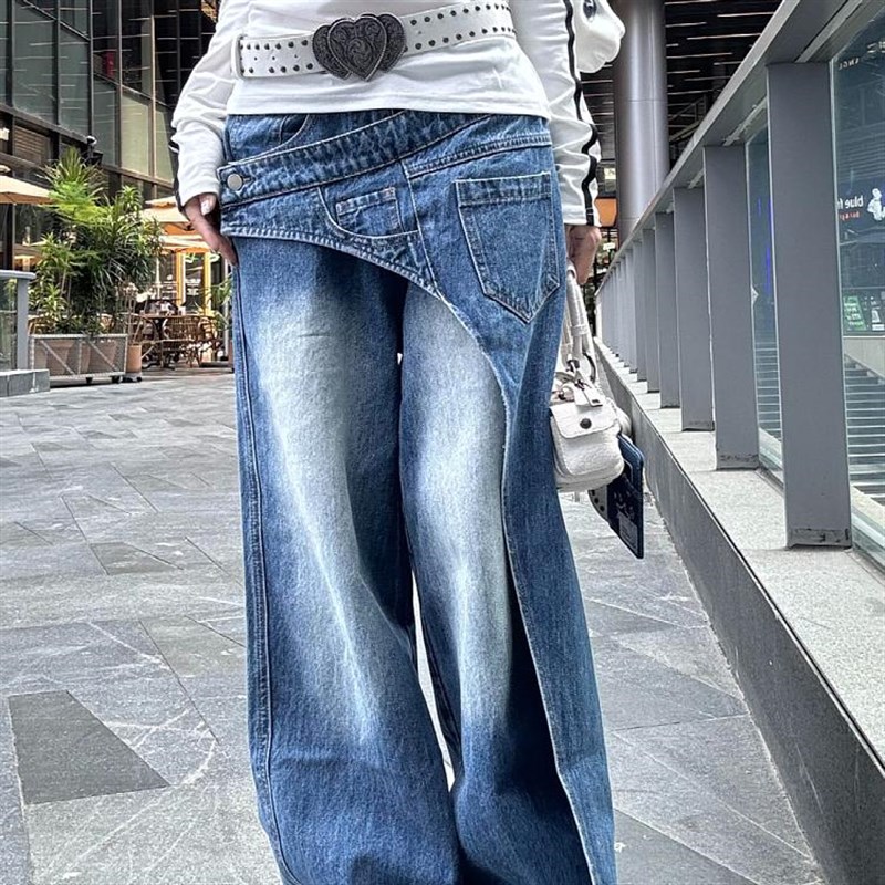 大码美式街头斜拼错位水洗牛仔裤女2024秋季解构设计宽松垂感长裤
