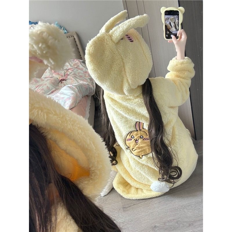 吉伊卡哇chiikawa乌萨奇睡袍秋冬季女珊瑚绒加绒加厚X长款连帽睡