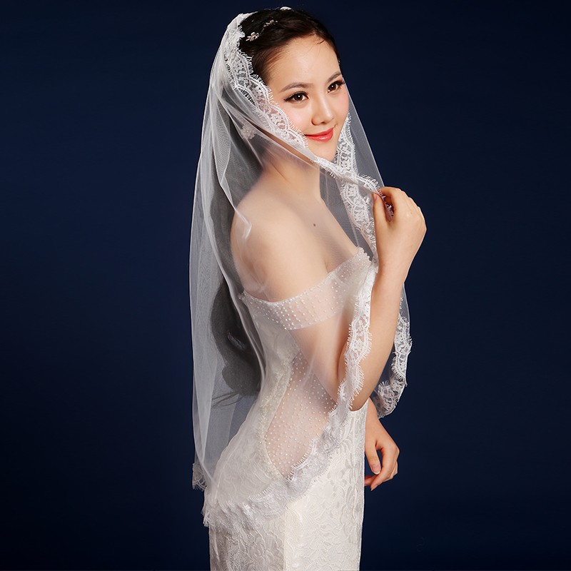 现货速发白色新娘头纱超长3米5米10米拖尾韩式蕾丝结婚纱礼服配件