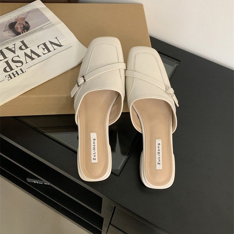 2025年春秋新款一脚蹬黑色方头韩版时尚懒人包头半拖鞋女外穿凉拖,流行男鞋,休闲拖鞋,淘宝优惠券,粉丝福利购,淘宝优惠卷