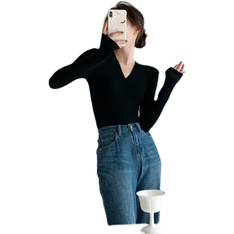 现货黑色长袖T恤女2022春w秋修身显瘦性感内搭打底衫纯色V领针织