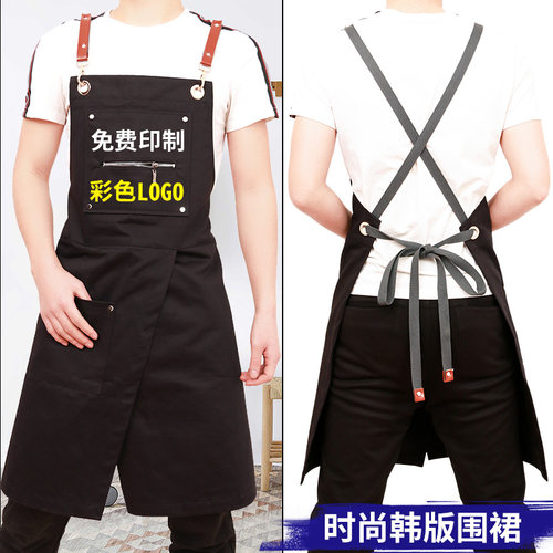 韩版围裙牛仔美发k美甲定制印logo奶茶店咖啡厅男女工作服画画围