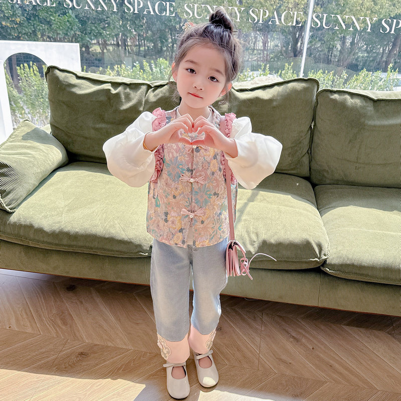 高货现货速发女童新中式套装春秋2024新款儿童马甲女孩国潮风衣服