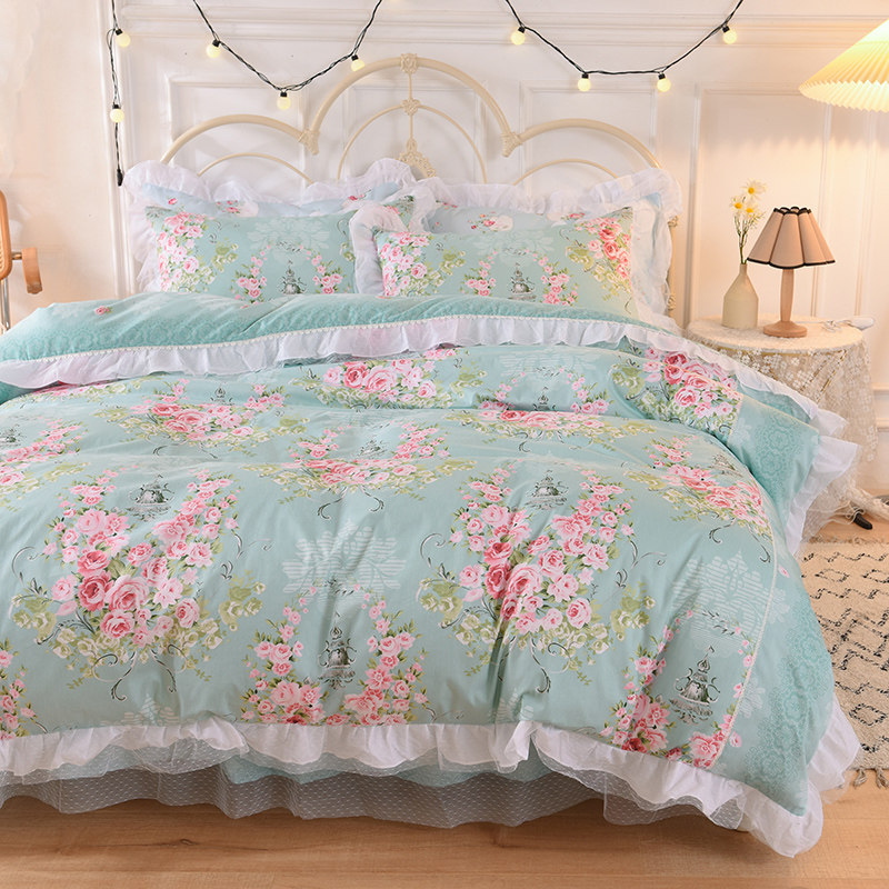 纯棉韩版公主风夏四件套蕾丝花边被套床单床裙Q婚庆粉韩式全棉床