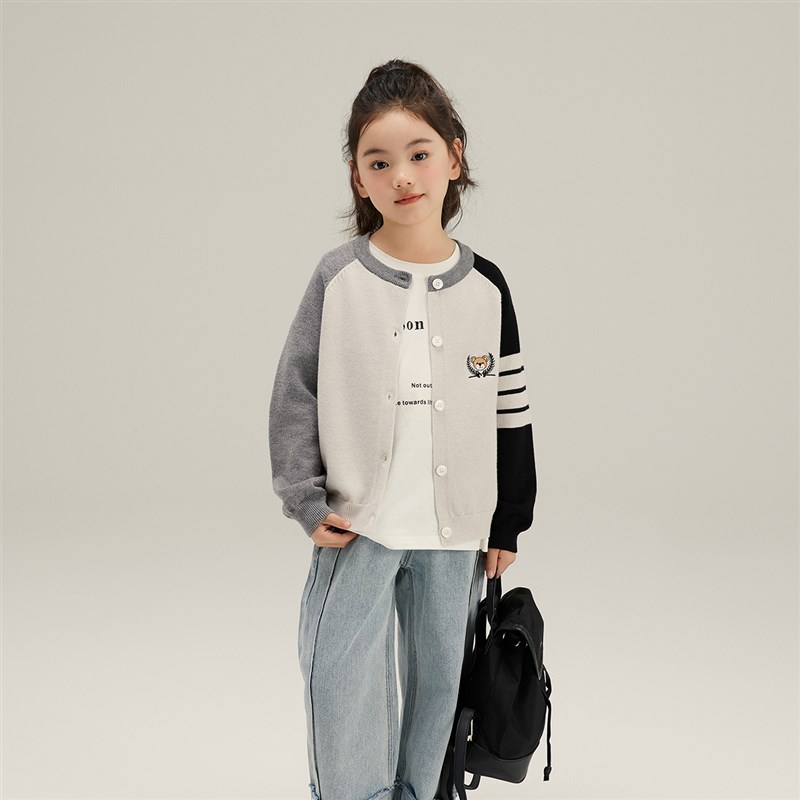 沫沫童装春装女童针织外套开衫春秋款2024春季新款洋气儿童插肩袖
