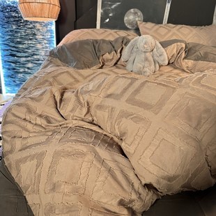 美拉德复古立体剪花水洗棉四件套1.5m1.8米驼色被套床单宿舍3件套