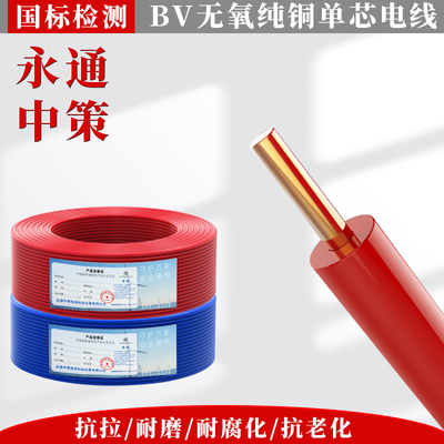 永通中策BV电线国标1.5/2.5/4/6/10铜芯线家装家用铜线六单芯线缆