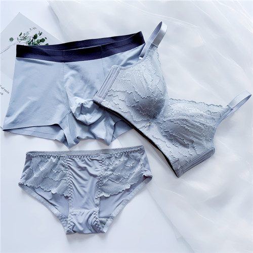 情侣内衣纯棉三件式情侣款带文胸可爱内衣套装情侣内裤一男一女