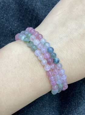 天然西瓜碧玺三圈手链女时尚小颗粒简约水晶多圈手串饰品百搭礼物