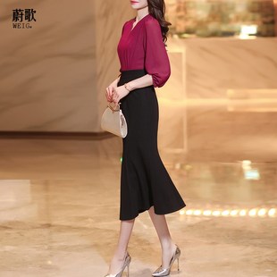 高级感气质修身 新款 假两件连衣裙 鱼尾裙女2024春装 酒红色复古长款