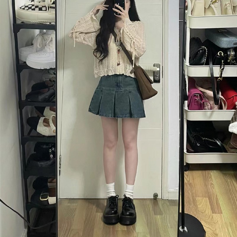 现货牛仔短裙女辣妹小个子微胖显瘦百褶裙胖mm妹妹大码半裙2024年