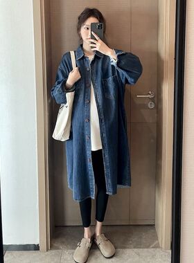 孕妇装韩版宽松牛仔衬衫上衣春装风衣外套中长款过膝春秋季连衣裙