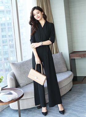 2024新款高腰减龄黑色连体阔腿裤时尚春秋气质连体衣女装夏季套装