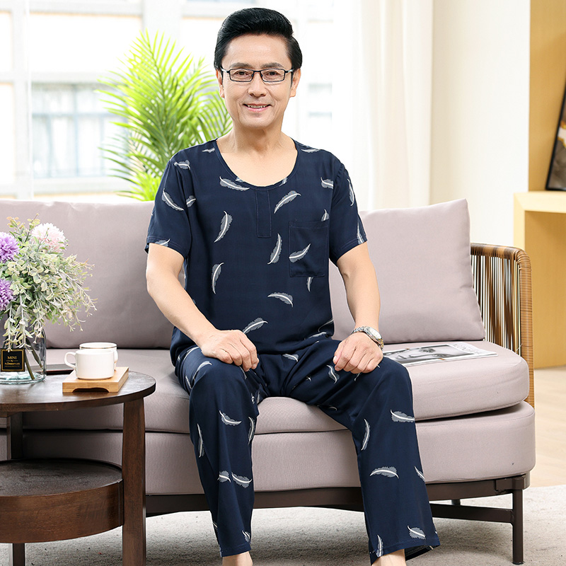 男士睡衣夏季棉绸薄款短袖长裤爸爸中老年人纯棉家居服套装可外穿