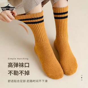 超厚羊毛袜子女秋冬中筒袜加厚保暖棉袜加绒条纹长筒毛巾长袜冬天