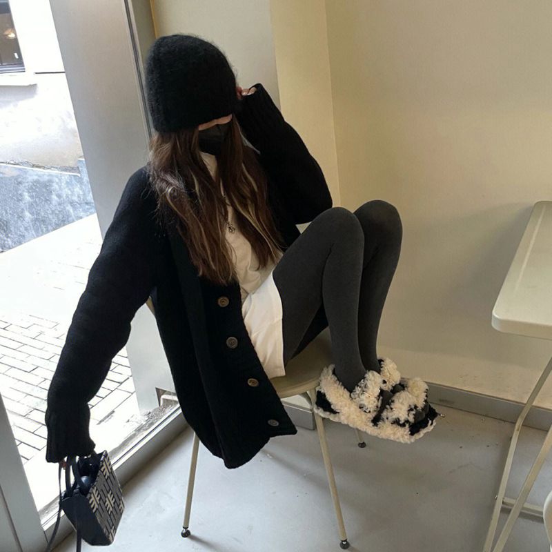 热销法式黑色粗毛线衣外套女中长款宽松外穿慵懒风大码针织开衫秋