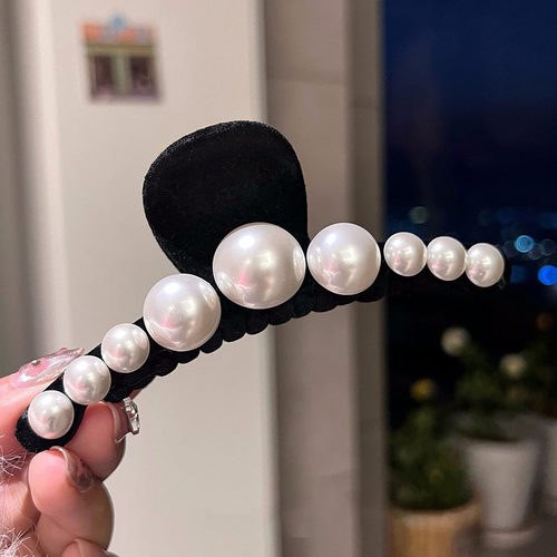 珍珠抓夹大号黑色丝绒发夹女后脑勺精致头发盘发夹子头饰秋冬森系